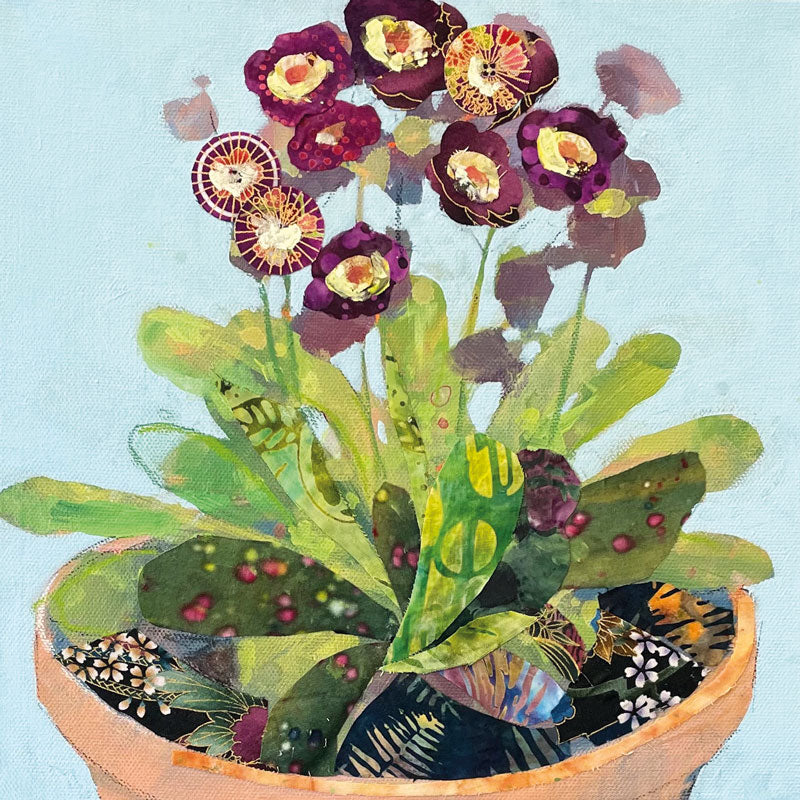 Art greeting card by Anna Perlin, Mixed media, primula in pot