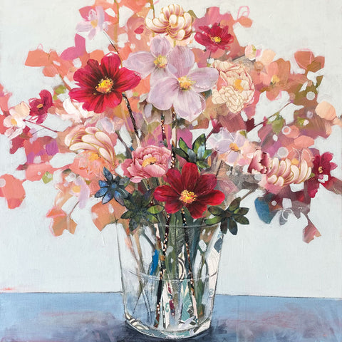 Art greeting card, mixed media by Anna Perlin. A glass vase filled with pink and red flowers.