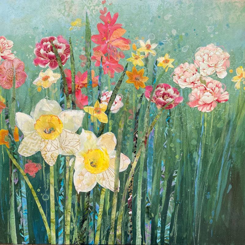 Art Greeting Card, mixed media by Anna Perlin. Wild daffodils and other spring flowers in garden.