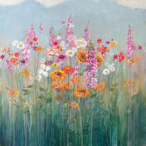 Art greeting card by Anna Perlin, mixed media. Wild flowers in a meadow.