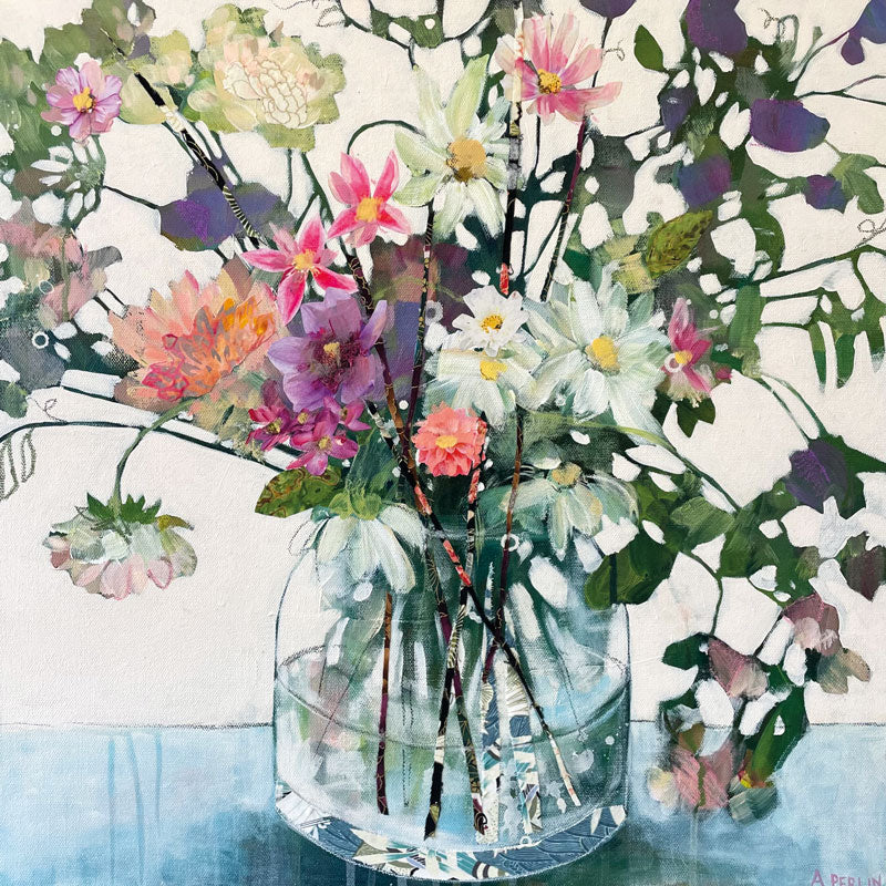 Art greeting card by Anna Perlin, mixed media. Glass vase with summer wild flowers.