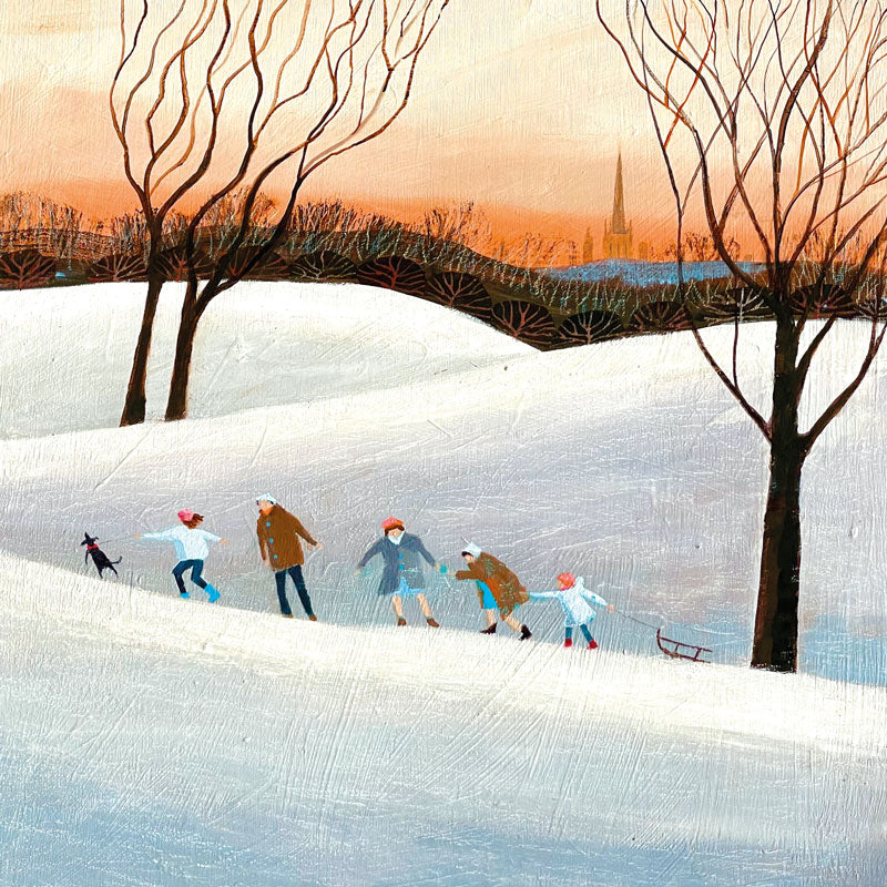 Art Greeting Card by Barbara Peirson, Family with dog and sled walking up snowy hill