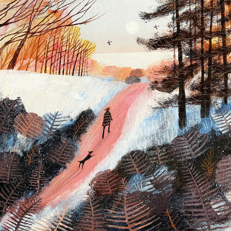 Art Greeting Card by Barbara Peirson, Woman and dog walking along path in snow