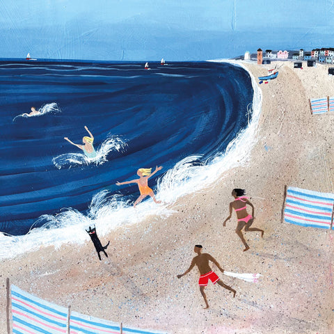 Art greeting card by Barbara Peirson, acrylic on wood panel. People on a beach running into the sea.