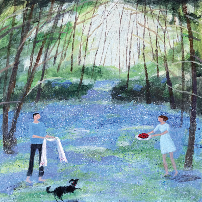 Art greeting card by Barbara Peirson, oil on wood panel. A couple with their dog in the bluebell woods.