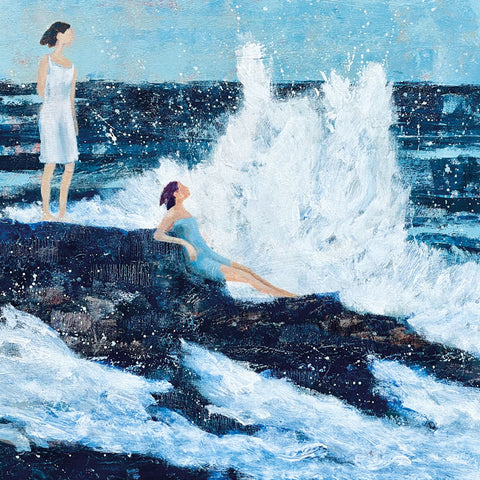 Art greeting card by Barbara Peirson, acrylic on canvas. Two women on rocks by the sea with waves splashing.