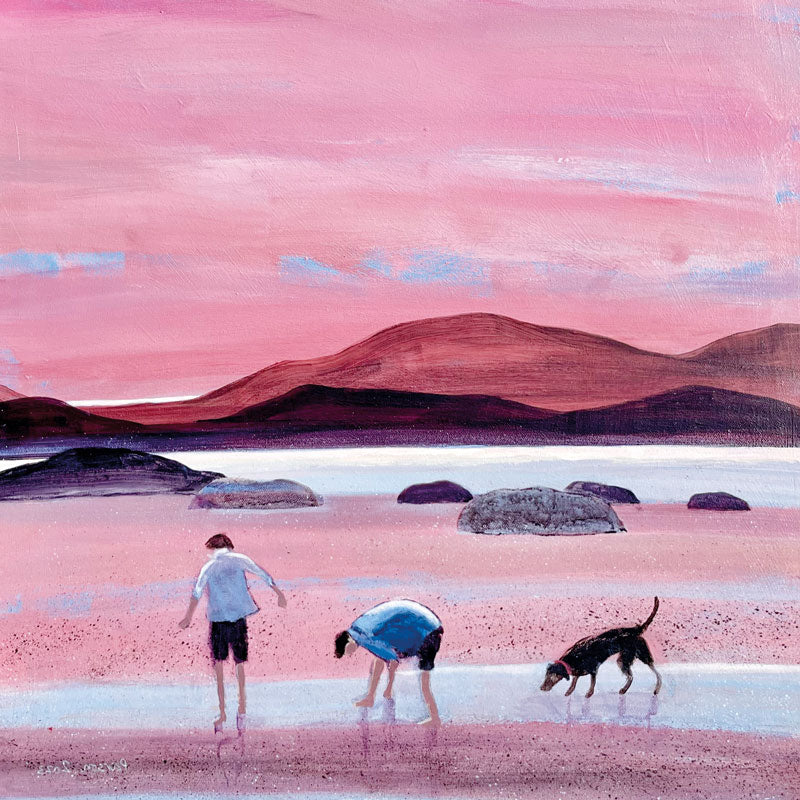 Art greeting card by Barbara Peirson, acrylic on canvas. Two boys and a dog on the beach in the evening light looking for fossils.