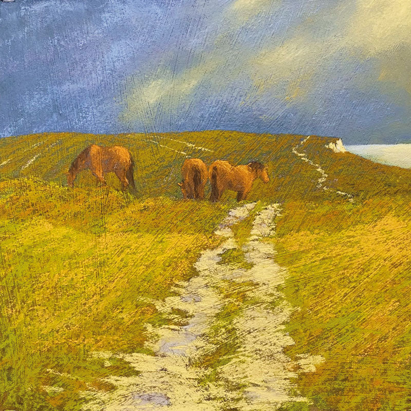 Art greeting card by Cheryl Culver, soft pastel. Three horses grazing on a cliff.