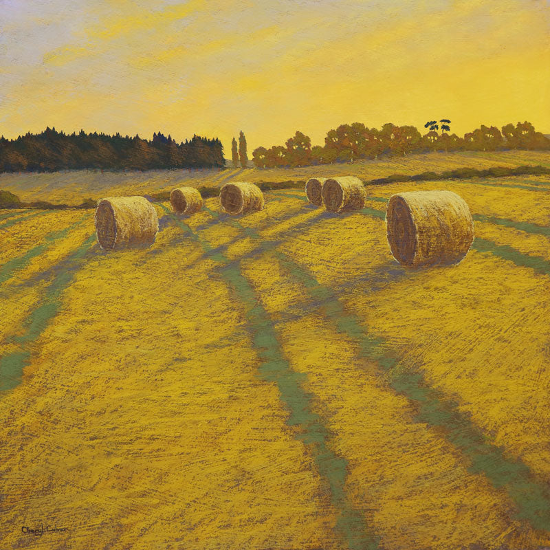 Art greeting card by Cheryl Culver, soft pastel. Hay Bales in a field with golden light.