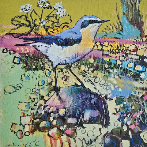 Art greeting card by Danial Cole, oil on board. A Wheatear bird on a rock with colourful abstract background.