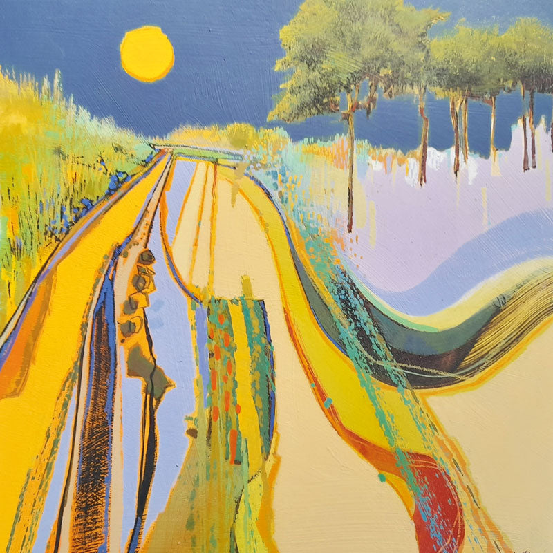 Art greeting card by Danial Cole, oil on Panel. Abstract colourful landscape with yellow moon and trees.