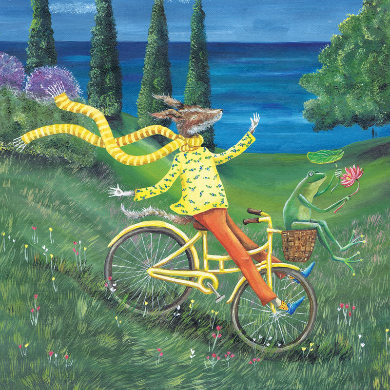 Art Greeting Card by E C Woodard, oil on canvas.  A dog on a bicycle with a frog passenger in the front basket.