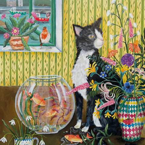 Art Greeting Card by E C Woodard, oil on canvas. A black and white cat sitting by a goldfish bowl with a Robin in the window.