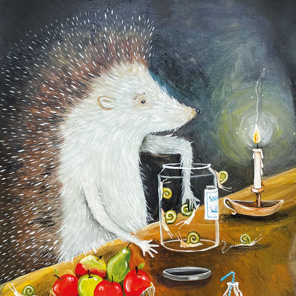 Art Greeting Card by E C Woodard, oil on canvas. A Hedgehog by canldlelight picking snails out of a glass jar.