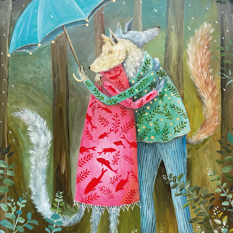 Art Greeting Card by E C Woodard, oil on canvas. A couple of dogs hugging in the woods under an umbrella.