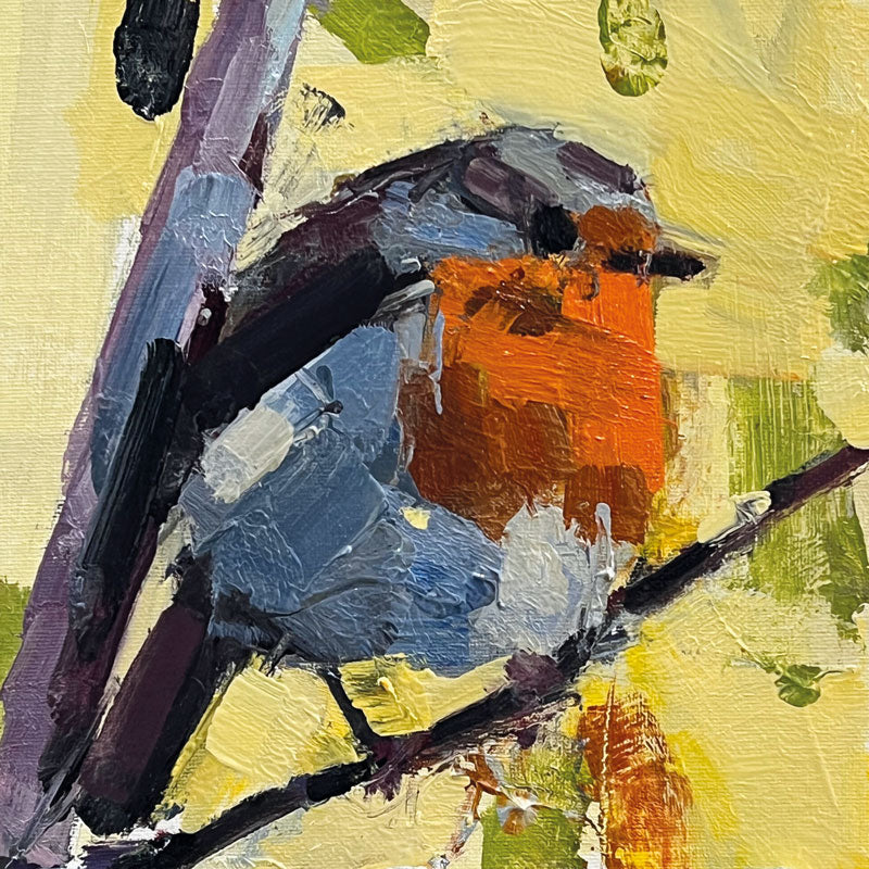 Art Greeting card by John Dobbs, oil on canvas, Close up of a Robin on a branch with yellow background.