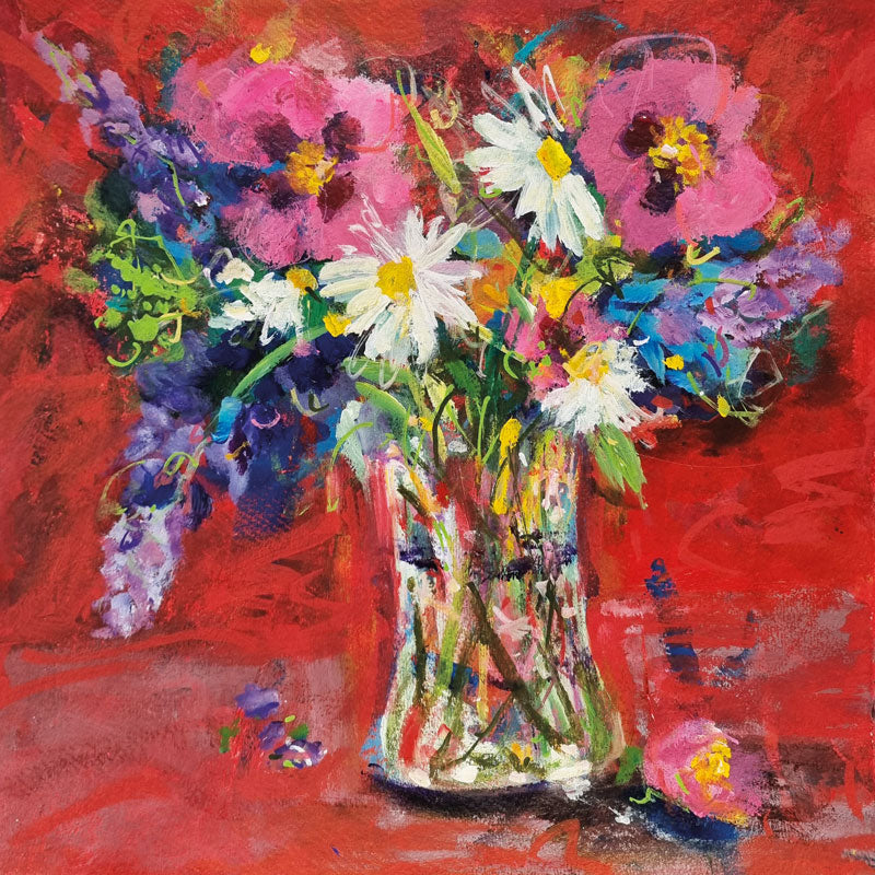 Art greeting card by Jenny Handley, Colourful flowers in glass vase