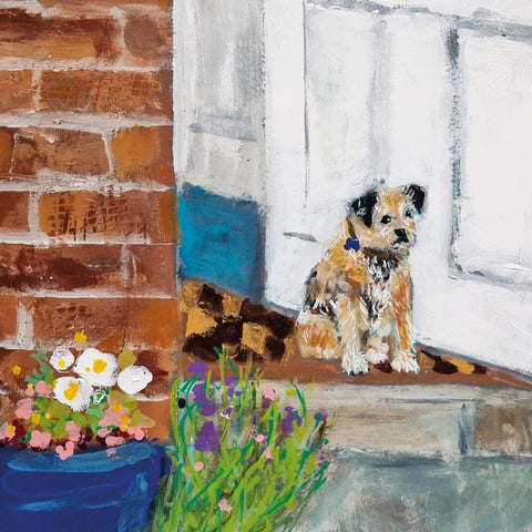 Art greeting card by Jenny Handley, acrylic. Small dog sitting on a doorstep with plant pot.