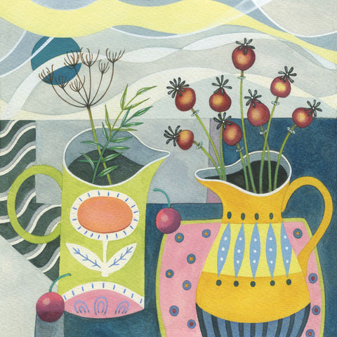 Art greeting card by Kate Green, mixed media. Still life with two patterned jugs filled with seed pods and colourful background.