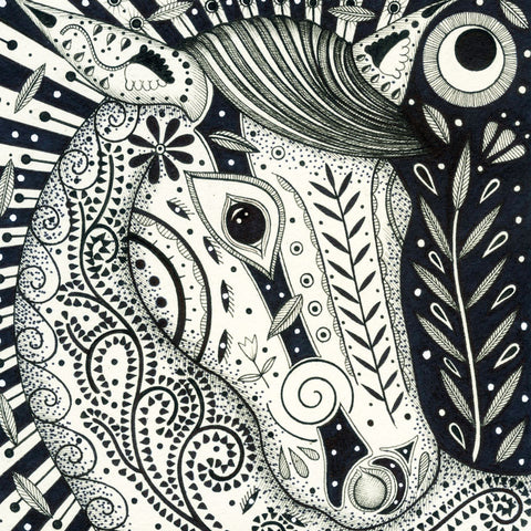 Art greeting card by Kate Green, pen and ink. Drawing of horses head with beautiful patterned detail.