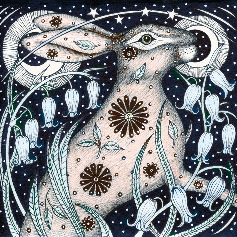 Art greeting card by Kate Green, pen and ink. A hare with bell flowers and dark starry background.