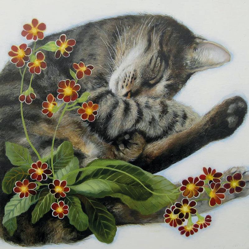 Fine Art Greeting Card by Lesley McLaren, Oil painting of cat asleep with flowers