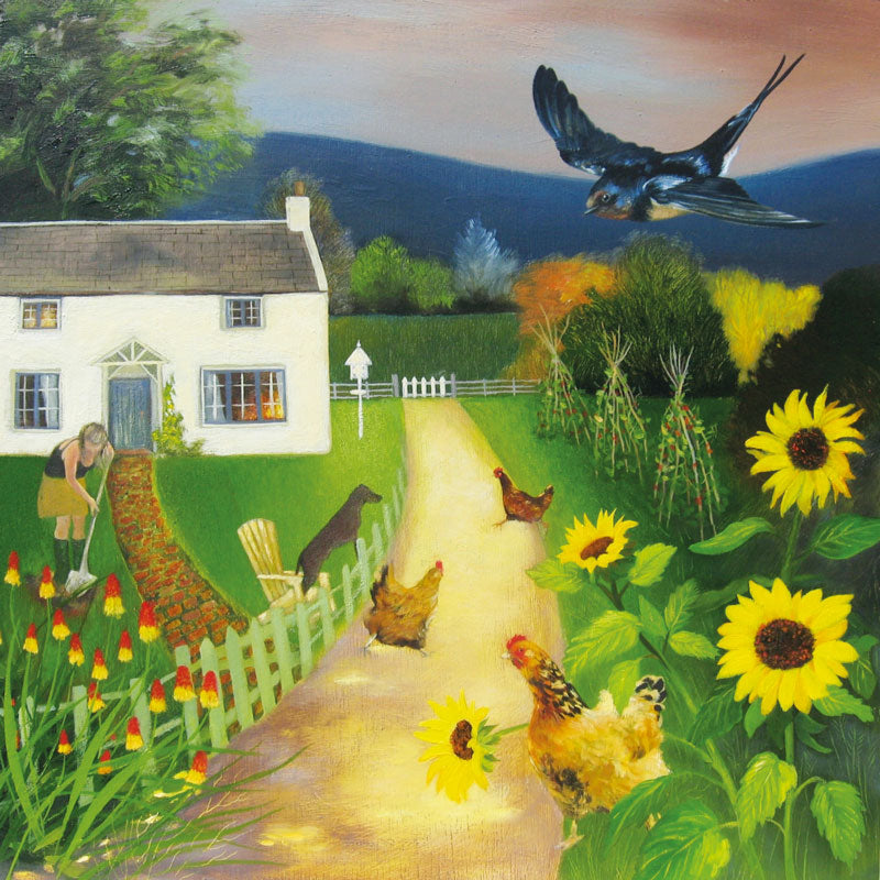 Art greeting card by Lesley McLaren, oil on gesso board. Country cottage with a woman gardening and three hens roaming.