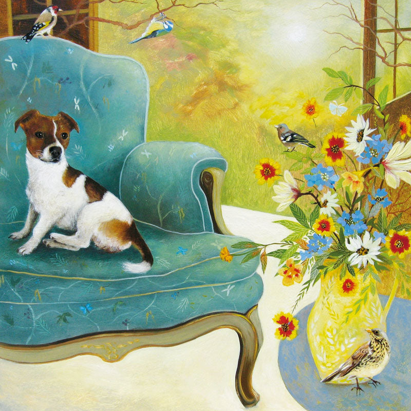 Art greeting card by Lesley McLaren, oil on gesso board. A Jack Russell dog sitting in an armchair with birds and a vase of flowers.