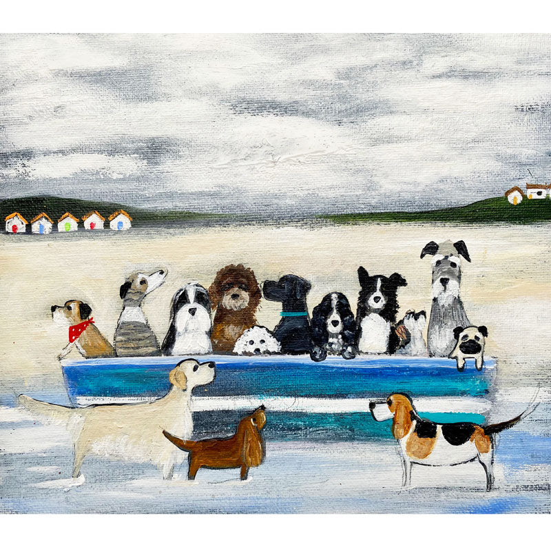 Art Greeting Card by Louise Rawlings, 11 dogs in a boat on the beach, 3 dogs standing in the sea