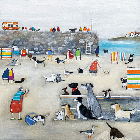 Art greeting card by Louise Rawlings, acrylic on canvas. A beach scene with people and lots of dogs.