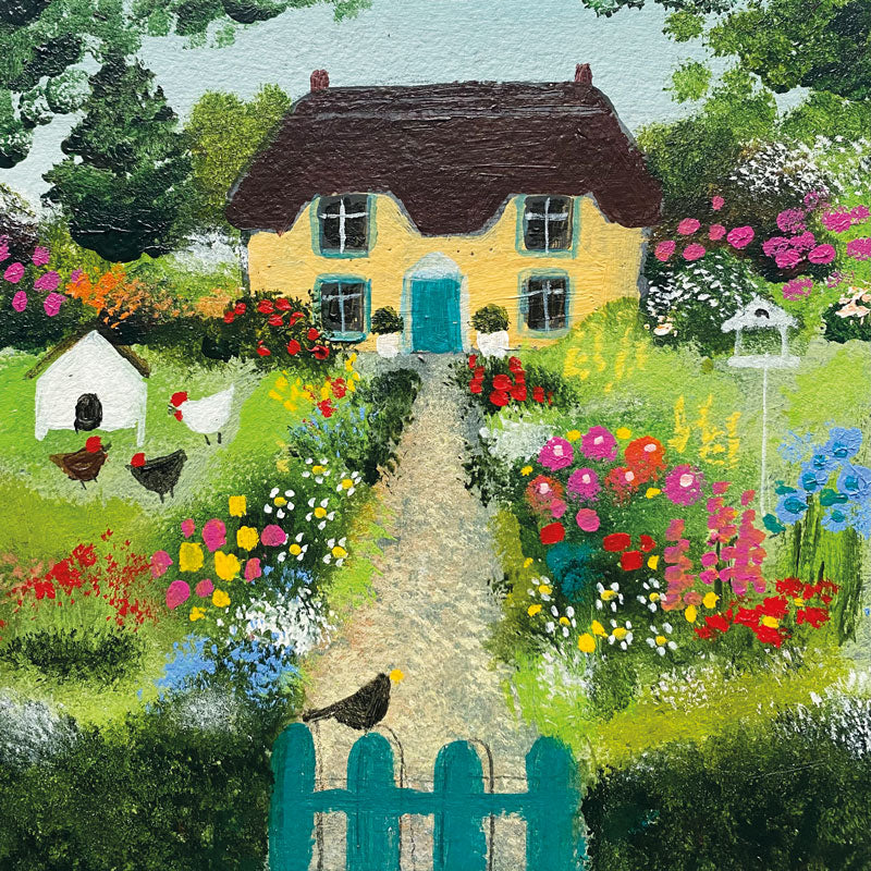 Art greeting card by Louise Rawlings, acrylic on canvas. A country cottage with a blue gate. Chickens and flowers in the garden.