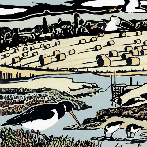 Art Greeting Card by Max Angus, Oystercatchers in marsh near field with hay bales