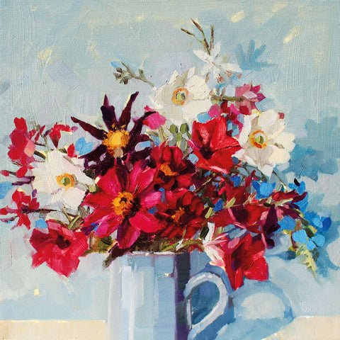 Art greeting card by Anne-Marie Butlin, oil on linen. A blue jug with red and white flowers and a light blue background.