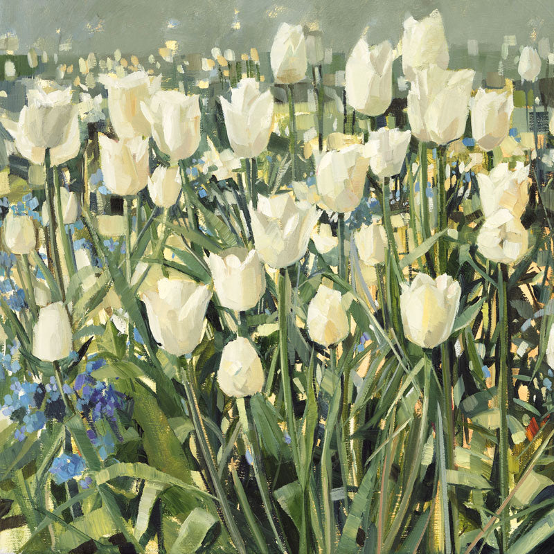 Art greeting card by Anne-Marie Butlin, oil on linen. A close up of white tulips growing in a garden.