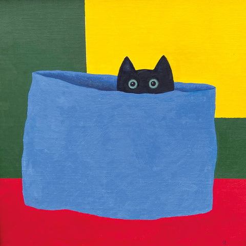 Art Greeting Card by Martin Leman, Black cat peeping out of blue bag