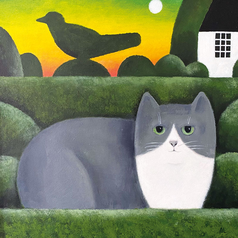 Art Greeting Card by Martin Leman, Grey cat in a green garden 