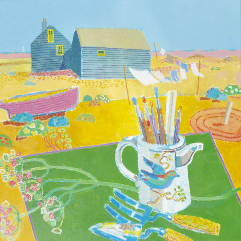 Art greeting card by Ronald Hellen, acrylic on canvas. A teapot containing paintbrushes with gardening tools in foreground on a beach at Dungeness with a cottage in the background.