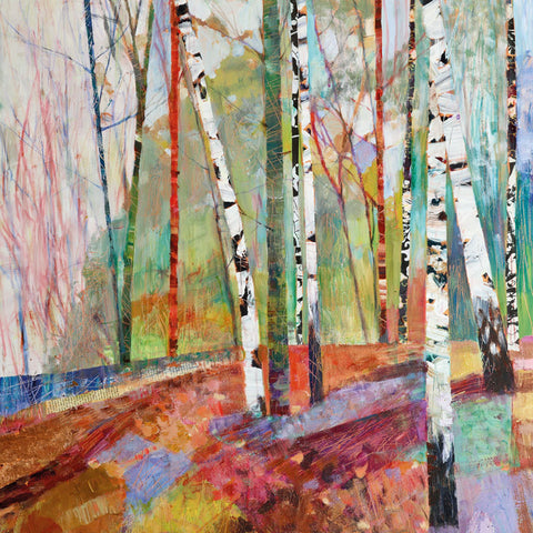 Art greeting card by Sally - Anne Fitter, acrylic and mixed media on canvas. Abstract birch woodland with autumn colours,