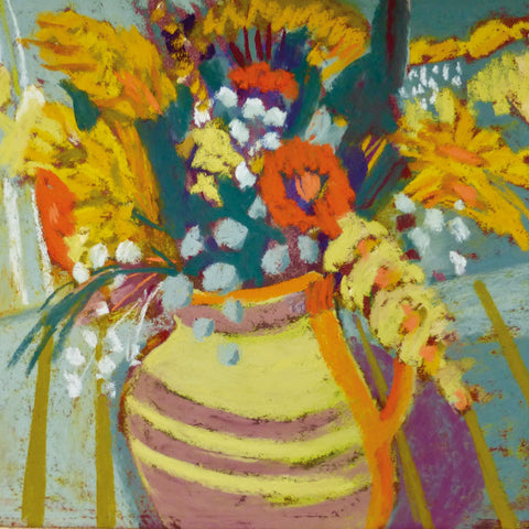 Art greeting card by Sue Campion, pastel. A yellow vase with gerberas and other flowers on a stripy table.