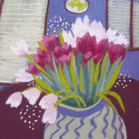 Art greeting card by Sue Campion, pastel. A stripy vase with pink and white tulips.