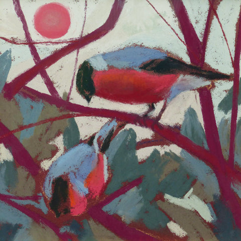 Art greeting card by Sue Campion, pastel. Two Bullfinches on red branches with an orange sun.