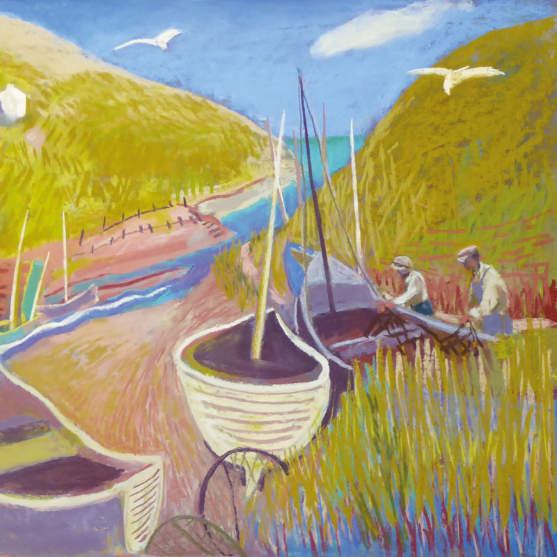 Art greeting card by Sue Campion, pastel. Two fishermen with boats on a sandy bank and seagulls.