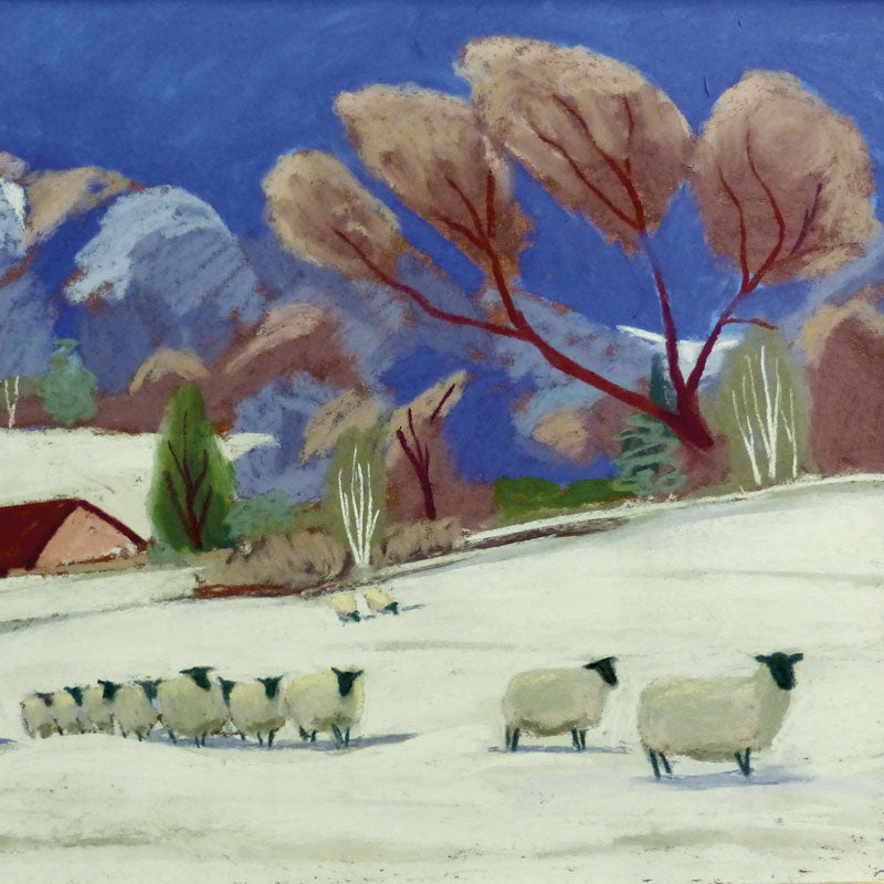 Art greeting card by Sue Campion, pastel. A line of sheep in the snow with trees and blue sky.