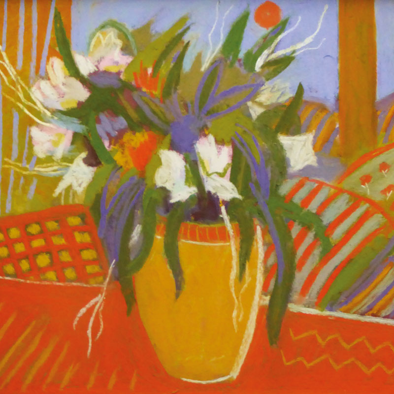 Art greeting card by Sue Campion, pastel. A yellow vase with white, orange and green flowers and a patterned orange background.