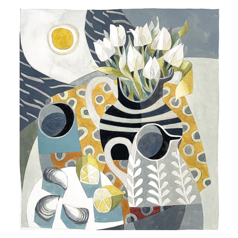 Art Greeting Card by Jane Walker, White tulips in jug with mussels and lemons on a plate