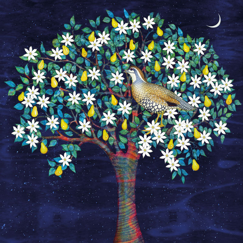 Art Greeting Card by Kate Green, A Partridge sitting in a pear tree in the moonlight