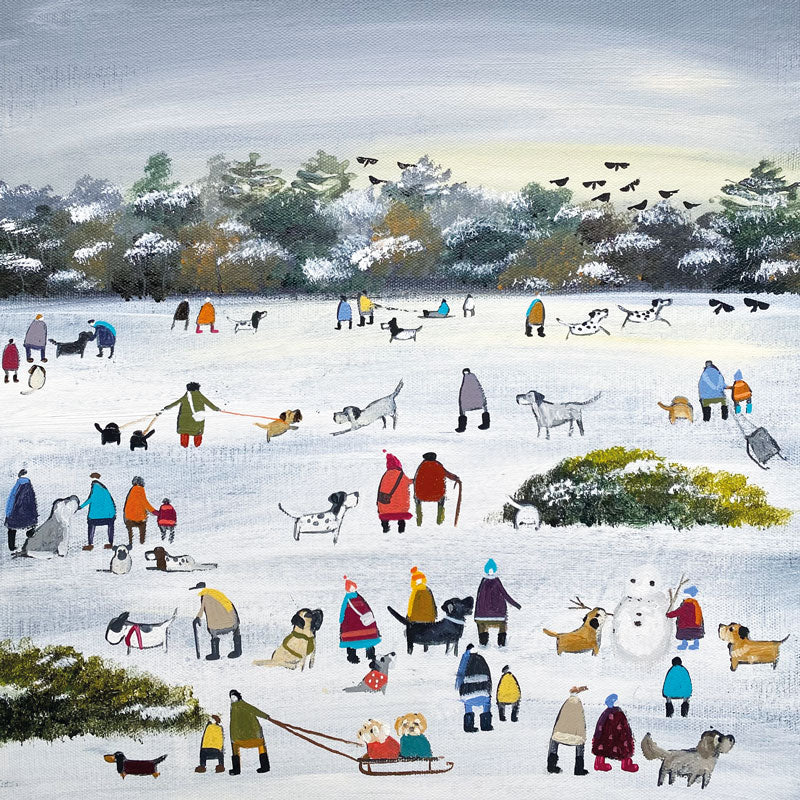 Christmas card pack by Louise Rawlings, Winter scene with dogs and dog walkers in the snow