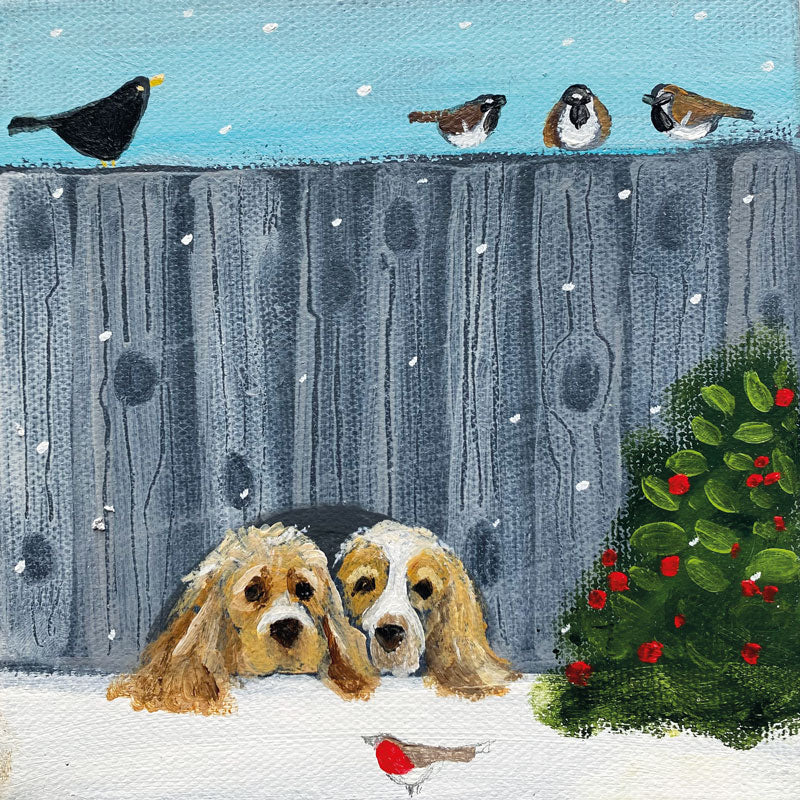 Christmas card pack by Louise Rawlings, Winter garden with birds and two dogs peeping through the fence