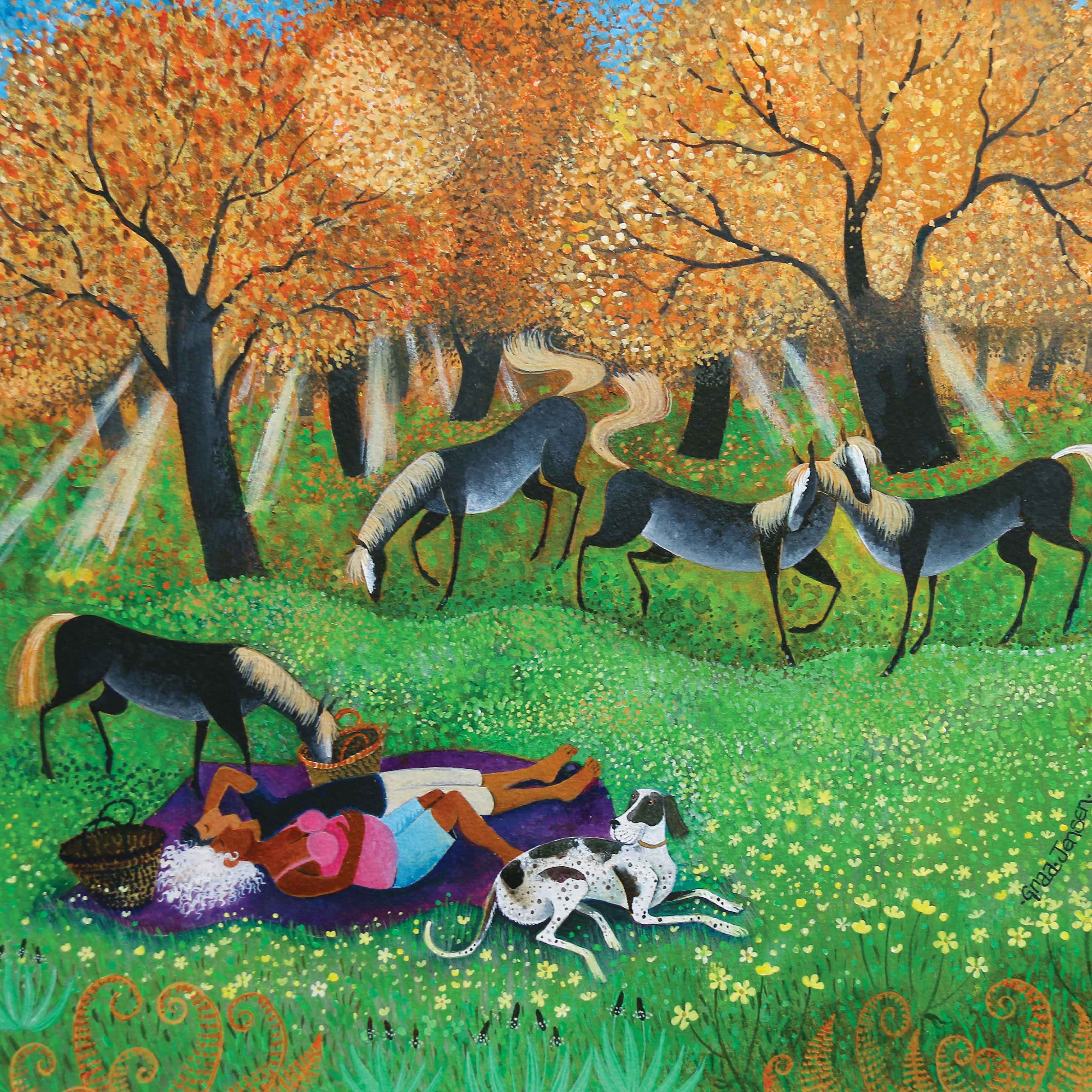 Art greeting card by Lisa Graa Jensen, couple lying down in a field on a blanket with a dog and horses