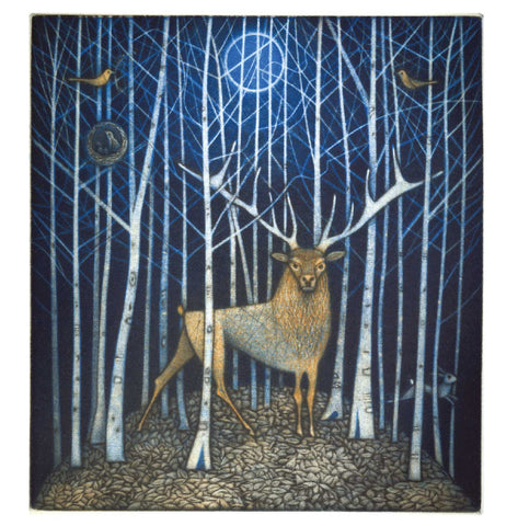 Art Greeting Card, Christmas Pack, Stag in woods by moonlight